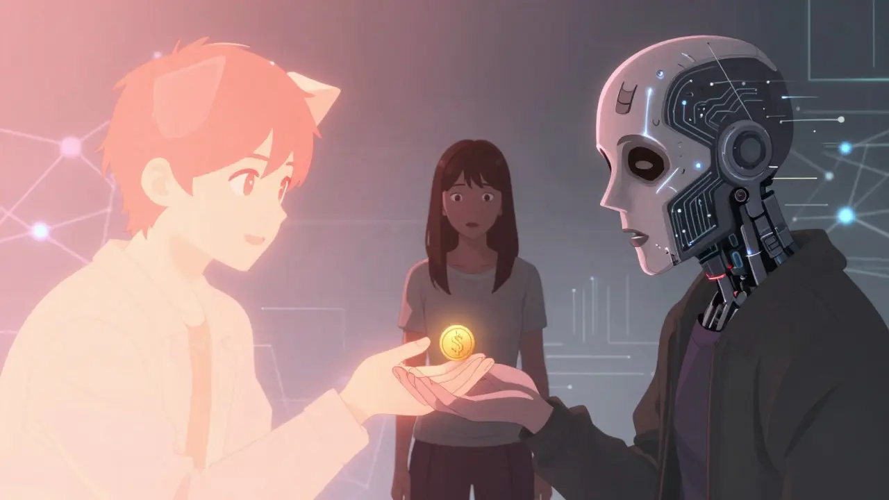 Manipulation émotionnelle et deepfakes IA illustrés dans un style manga dramatique
