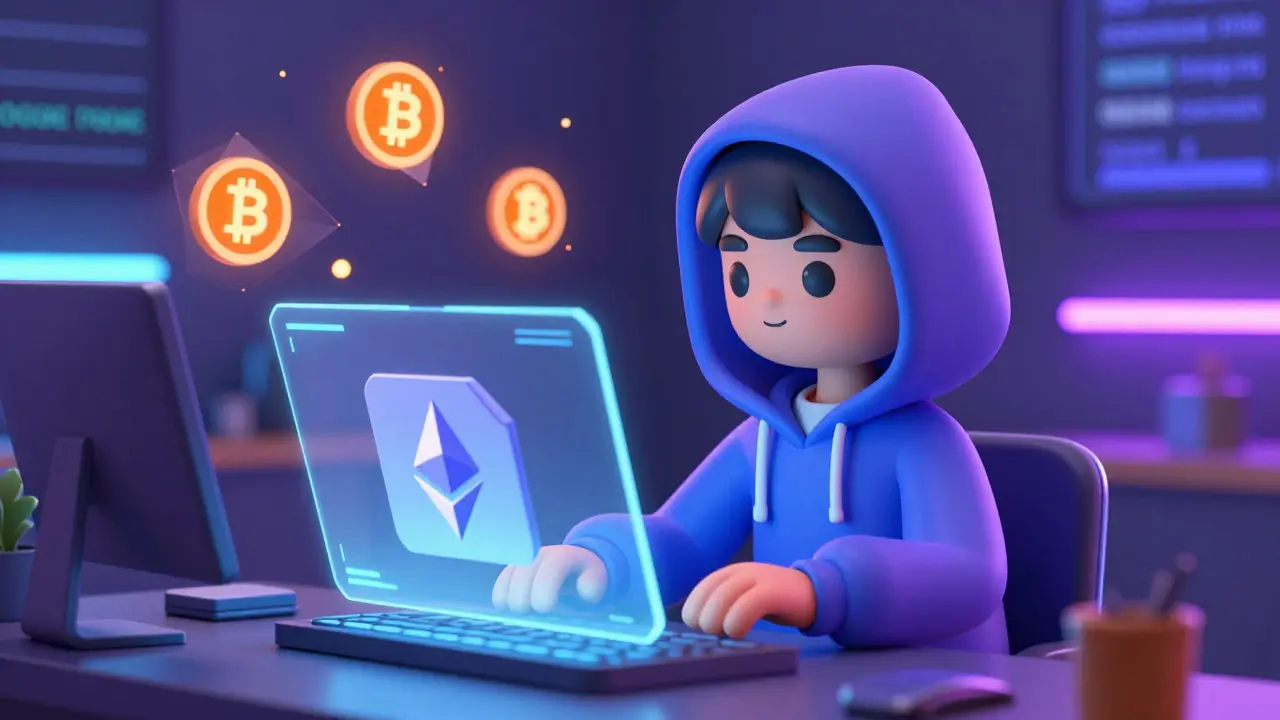 Personnage anime échangeant des cryptos avec une interface holographique éthérée