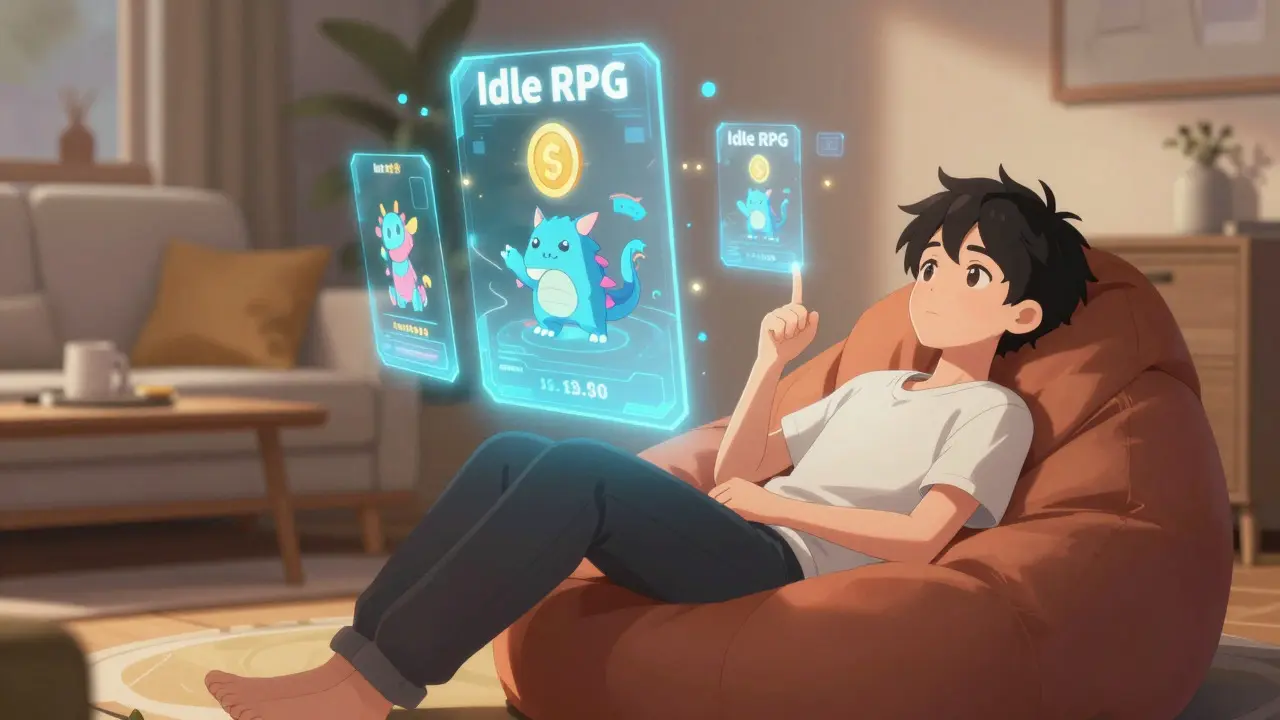 Personnage relaxé entouré de monstres numériques flottants en mode idle