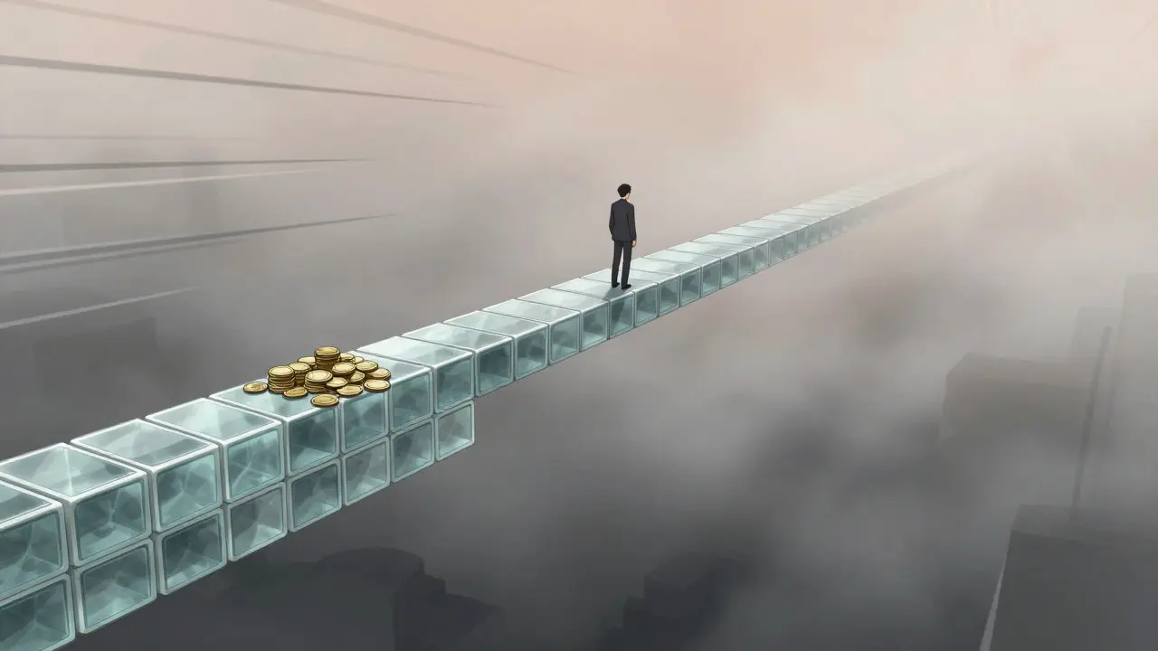 Personnage sur un pont fragile au-dessus d'un abîme brumeux