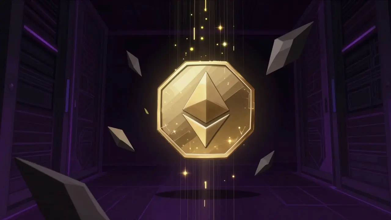 Pièce cryptographique flottant dans un espace de données sombre et mystérieux