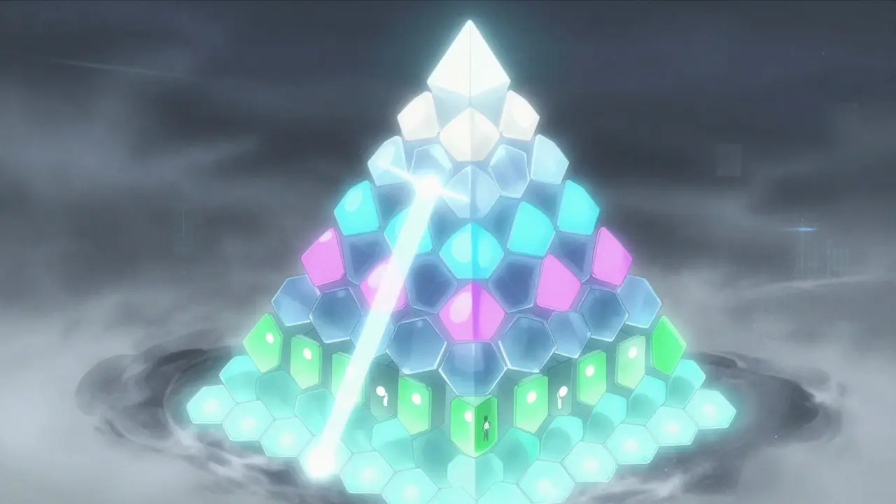 Pyramide inversée de nœuds lumineux illustrant la structure hiérarchique d'un arbre de Merkle