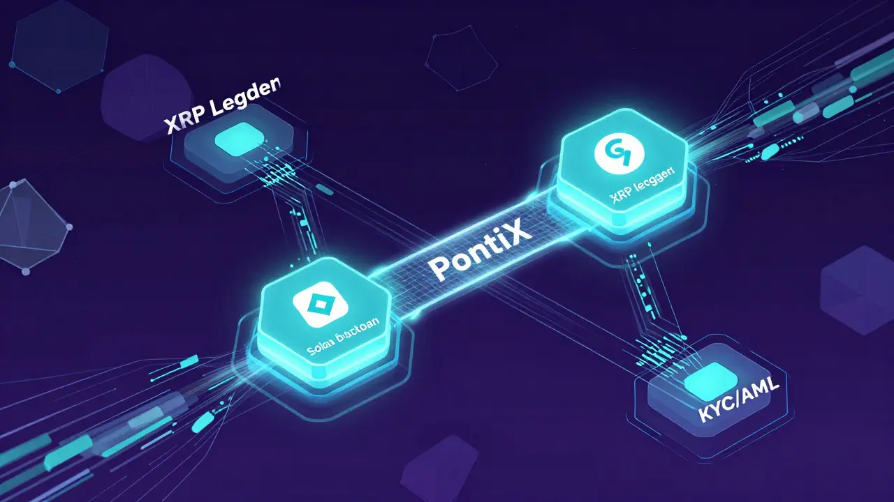 Réseau blockchain animé reliant XRPL et Solana via PontiX Bridge