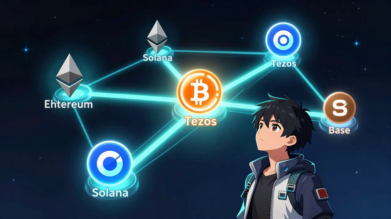 Réseau de blockchains connecté illustré en style anime avec un utilisateur
