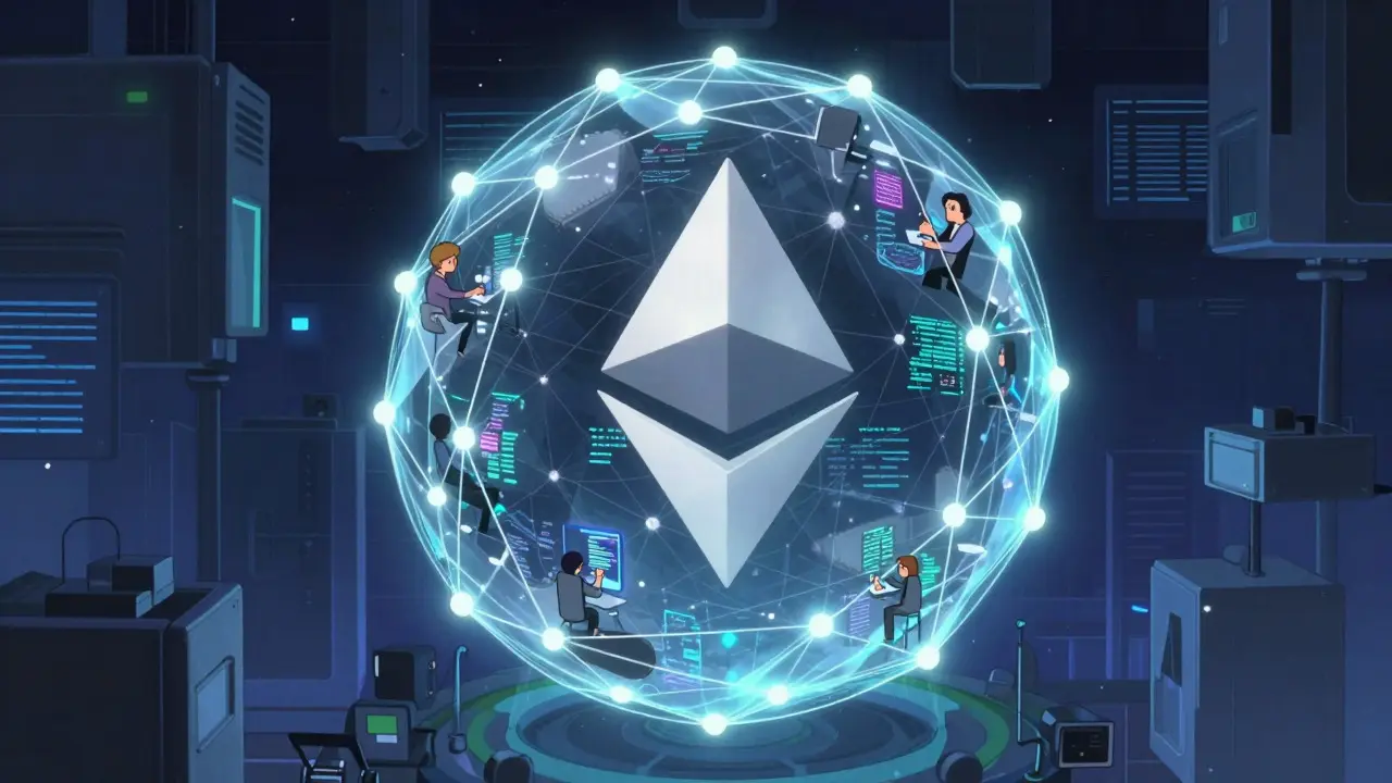 Réseau de blocs lumineux représentant la technologie blockchain en style manga