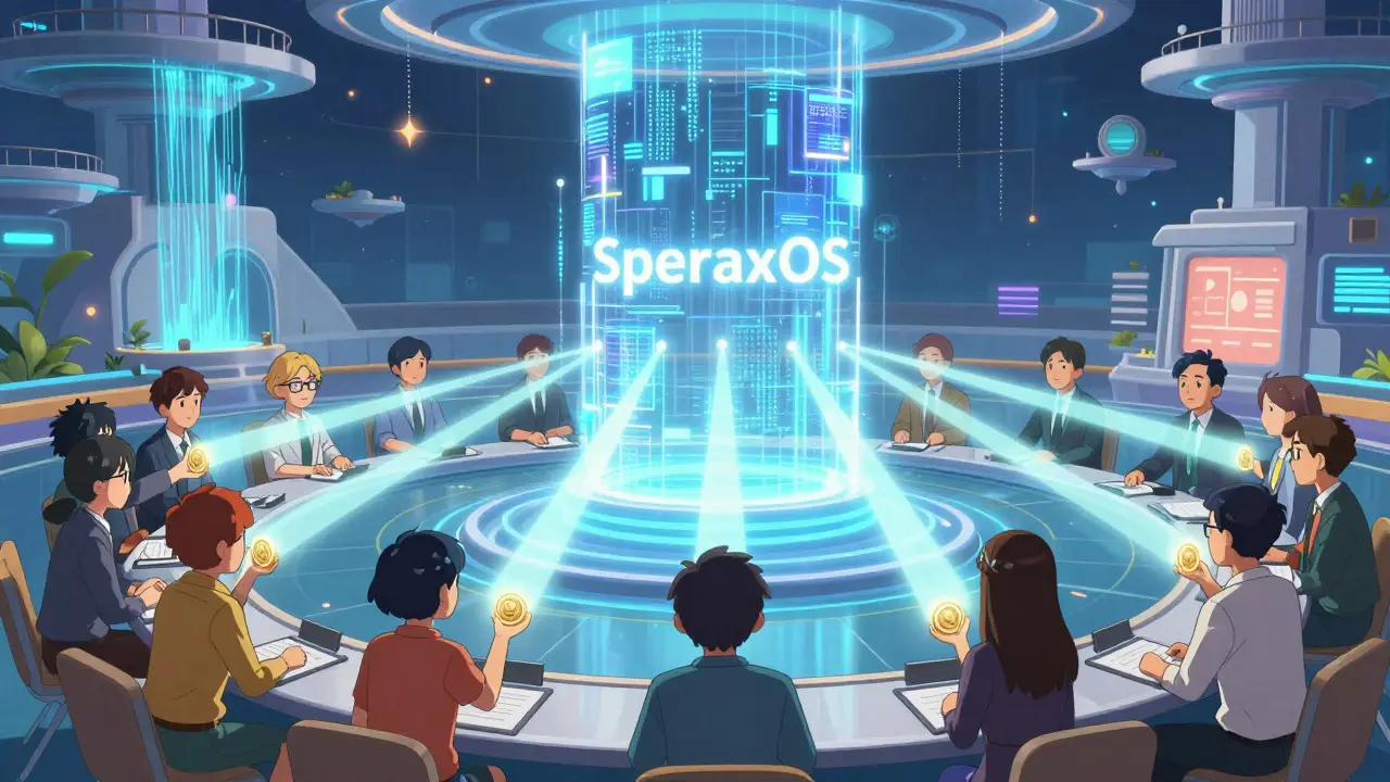 Réunion virtuelle de gouvernance décentralisée avec des jetons SPA en style anime
