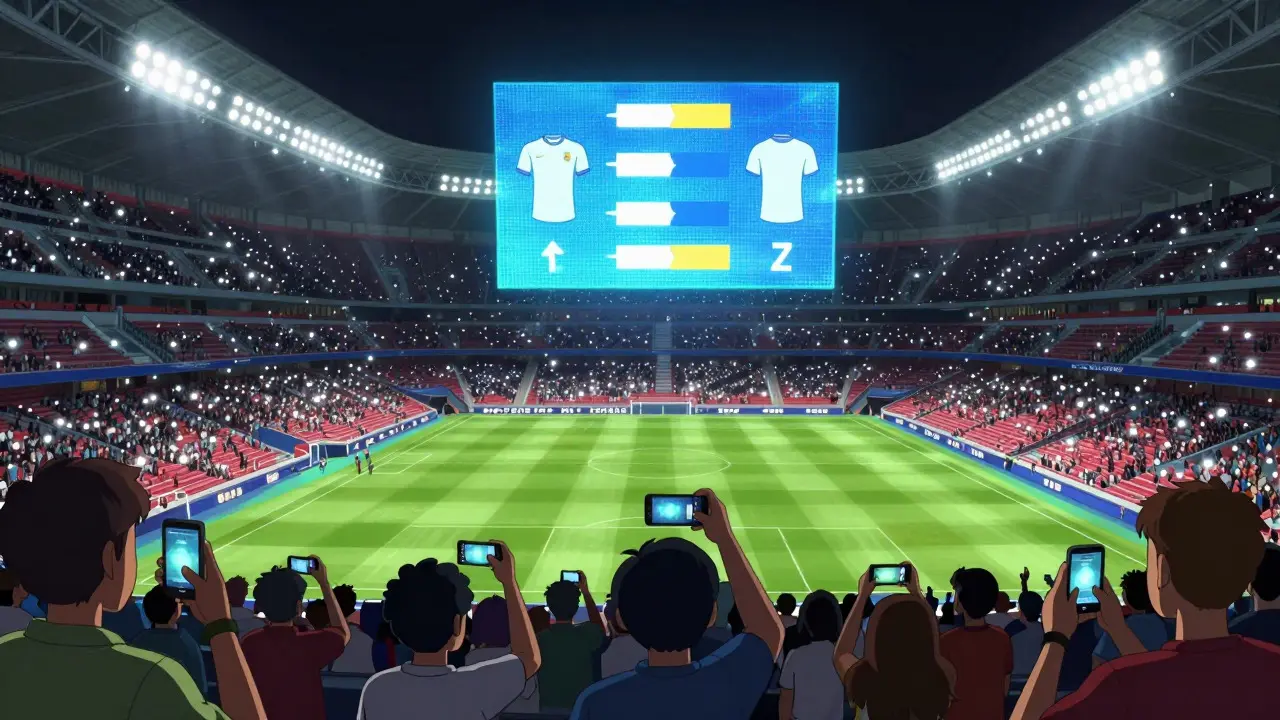 Stade Wanda Metropolitano la nuit avec des fans votant via leurs téléphones