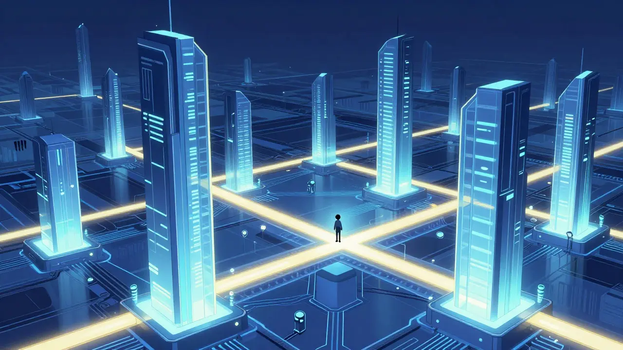 Ville futuriste modulaire en style anime illustrant l'infrastructure Source Protocol et l'interopérabilité IBC