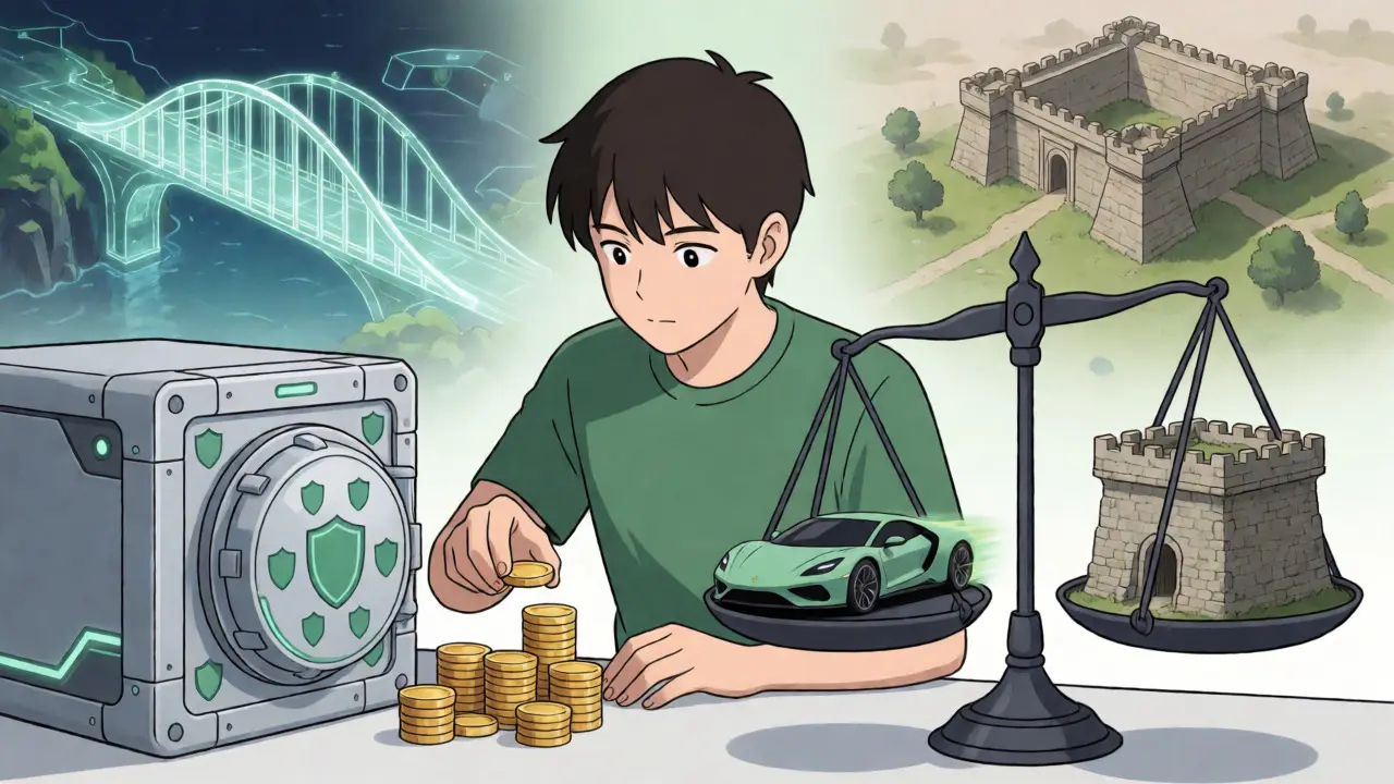 Concept anime d'équilibre entre vitesse de trading et sécurité via stockage froid et ponts.