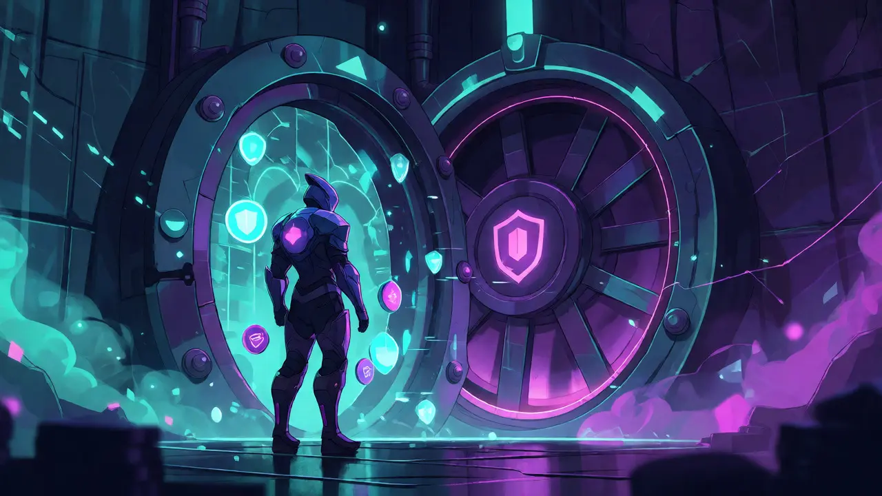 Gardien numérique protégeant des jetons virtuels dans une forteresse technologique de style anime.