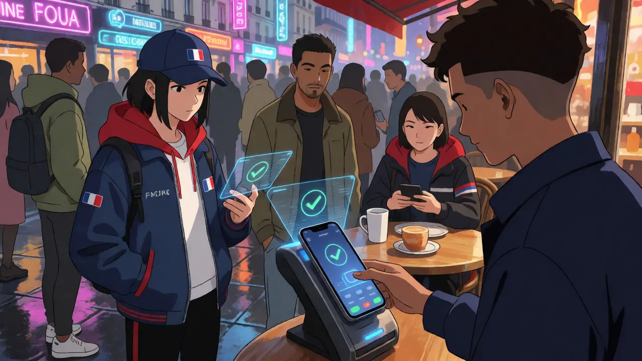 Groupe d'anime utilisant l'identité souveraine pour des paiements rapides dans une rue futuriste.