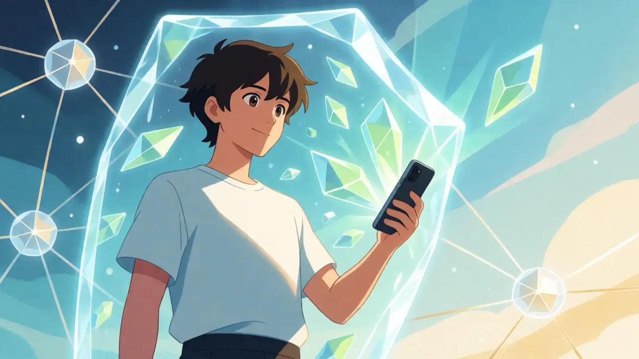 Héroïne anime protégeant ses identifiants numériques via un bouclier holographique décentralisé.