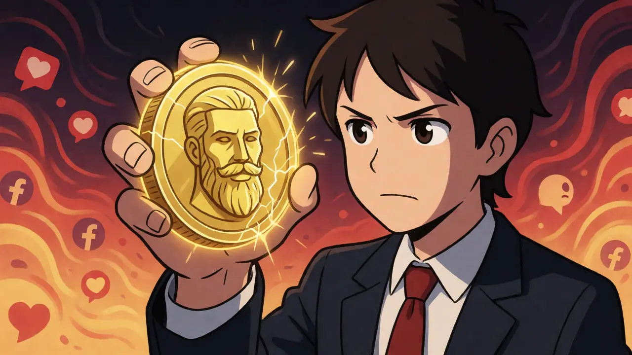 Investisseur anime tenant une pièce GigaChad fragile entourée de signaux d'alerte.
