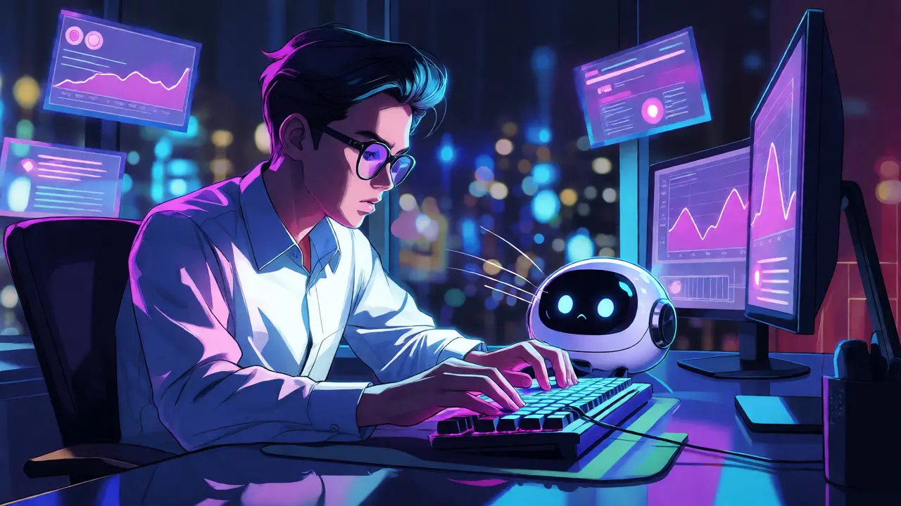Investisseur concentré tapant sur un clavier entouré d'écrans holographiques.