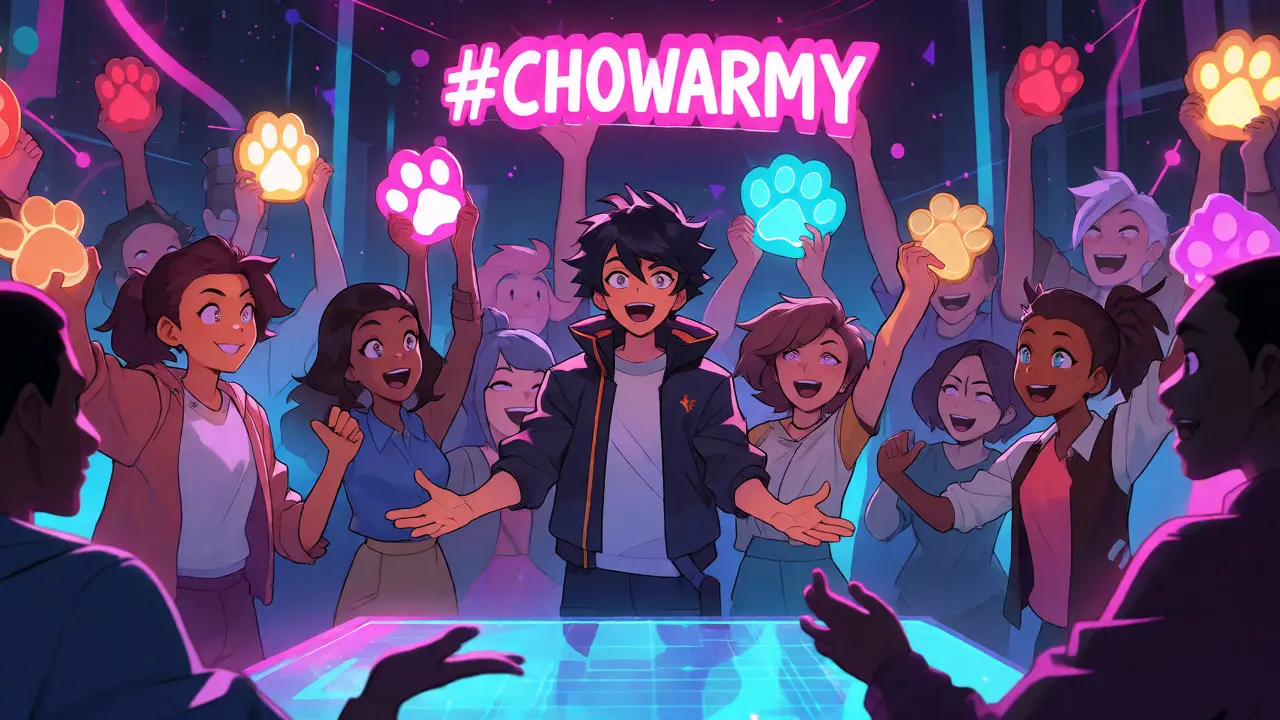 La communauté #CHOWARMY réunie dans un espace virtuel cyberpunk animé.