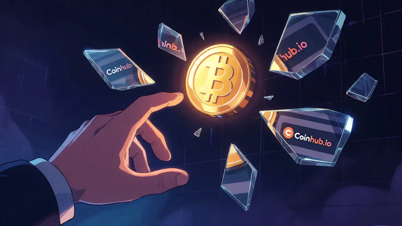 Main atteignant un Bitcoin entouré de verre brisé reflétant des promesses fragiles.