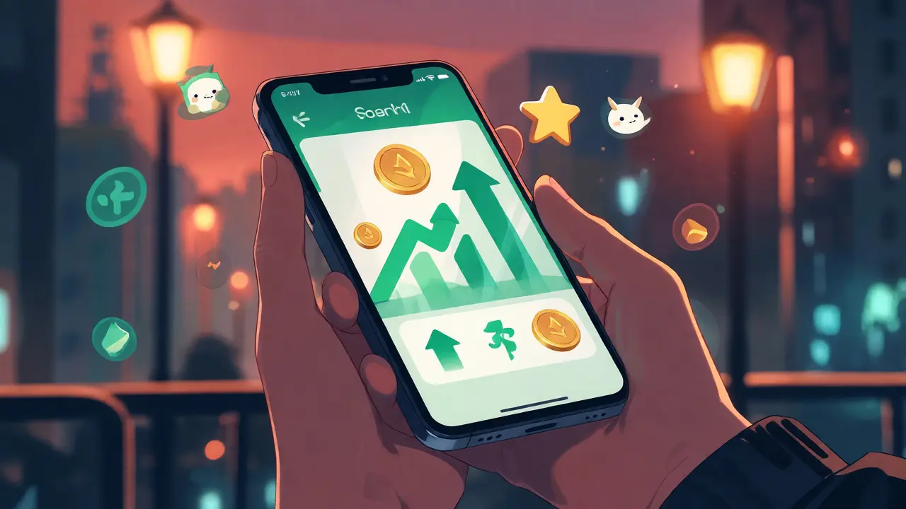 Main tenant un smartphone avec une application crypto simple et colorée en style anime.