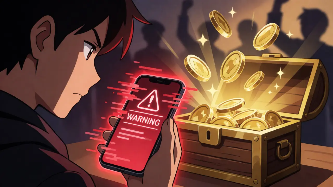 Personnage anime prudent face à une menace de phishing avec des jetons d'or qui s'échappent d'un coffre.