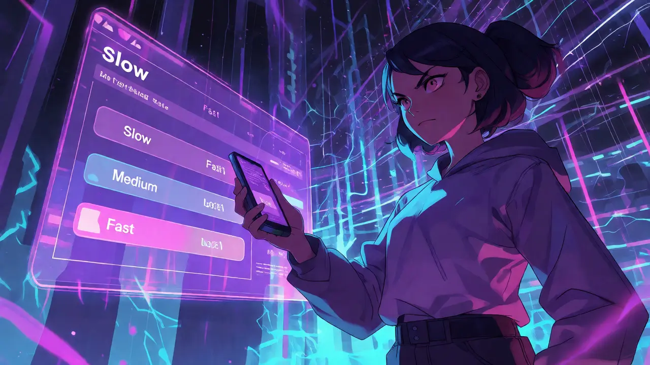 Personnage d'anime choisissant une option de frais gaz sur un tableau de bord holographique.