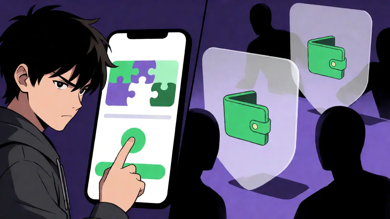 Protagoniste anime complétant des tâches sur mobile tandis que des bots sont bloqués par des boucliers.