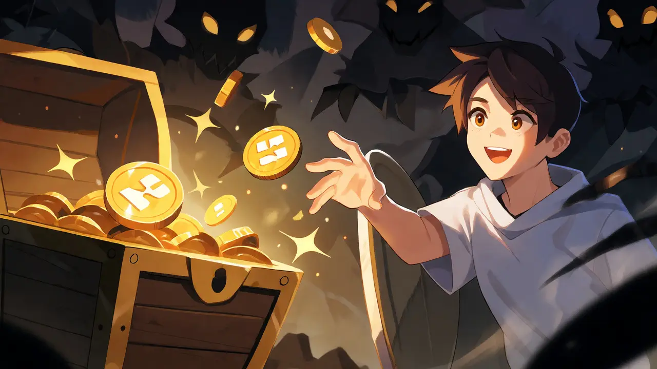 Récompenses en or et ombres de risque dans une scène d'anime sur les tokens.