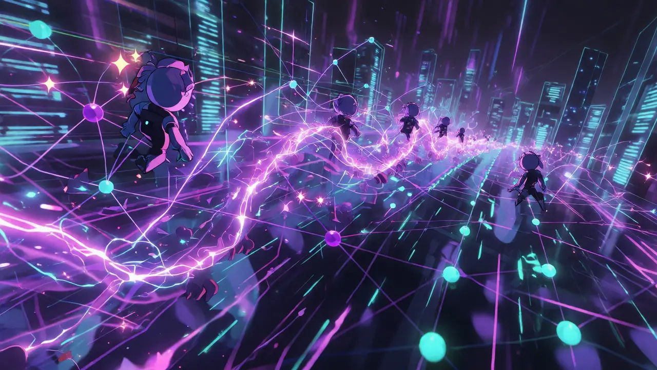 Réseau de données rapide violet et cyan illustrant la vitesse de Solana