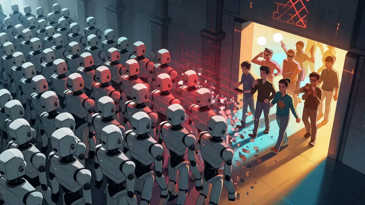 Robots gris détruits par un scan tandis que des humains passent la porte.