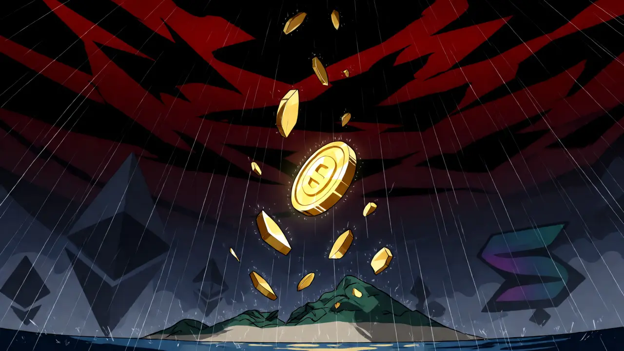 Scène anime dramatique montrant l'effondrement du prix du jeton Genshiro.