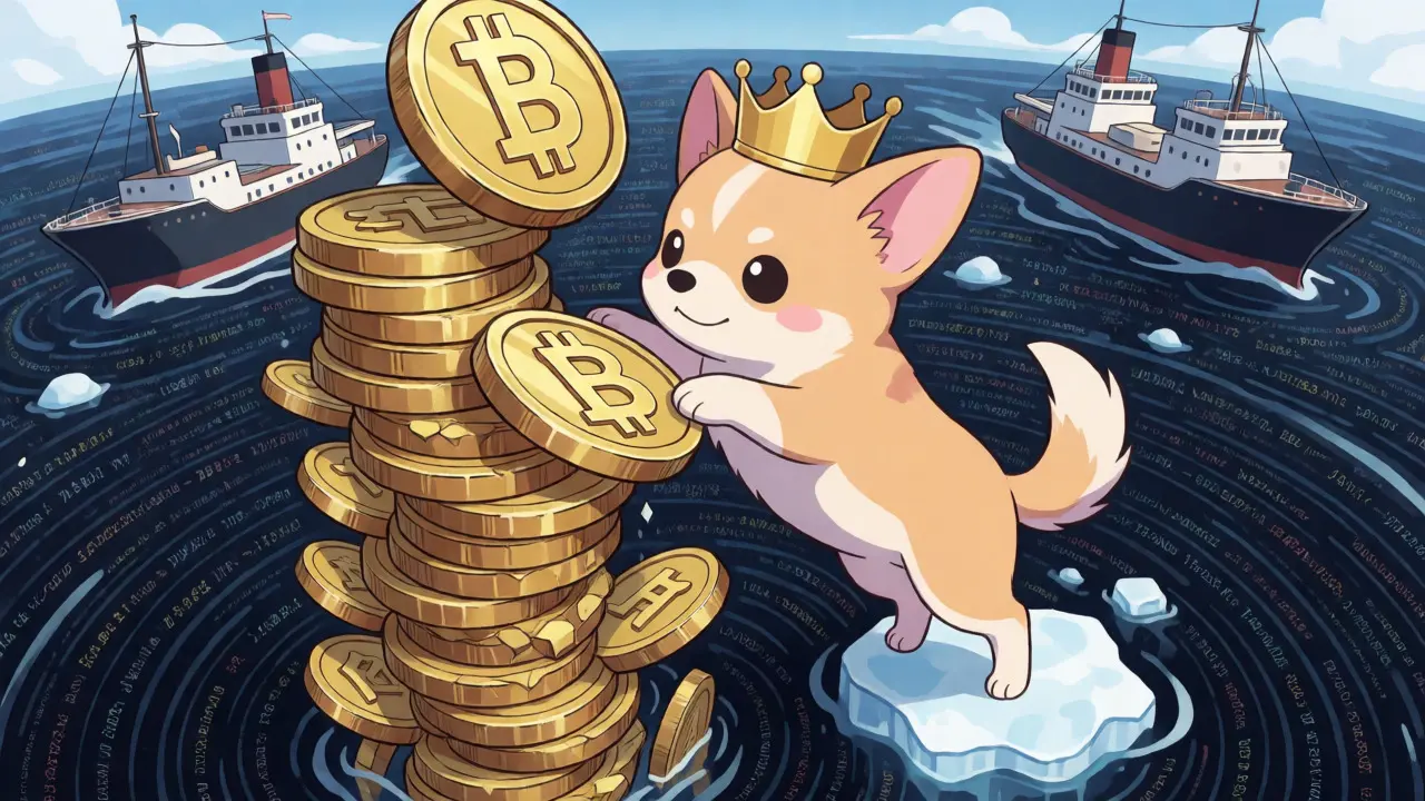 Un petit chien sur un tas de pièces instable au-dessus d'un océan de données cryptographiques.
