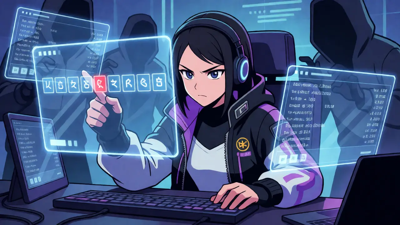 Une hackeuse anime vérifie une adresse de contrat suspecte avec des alertes rouges flottantes.