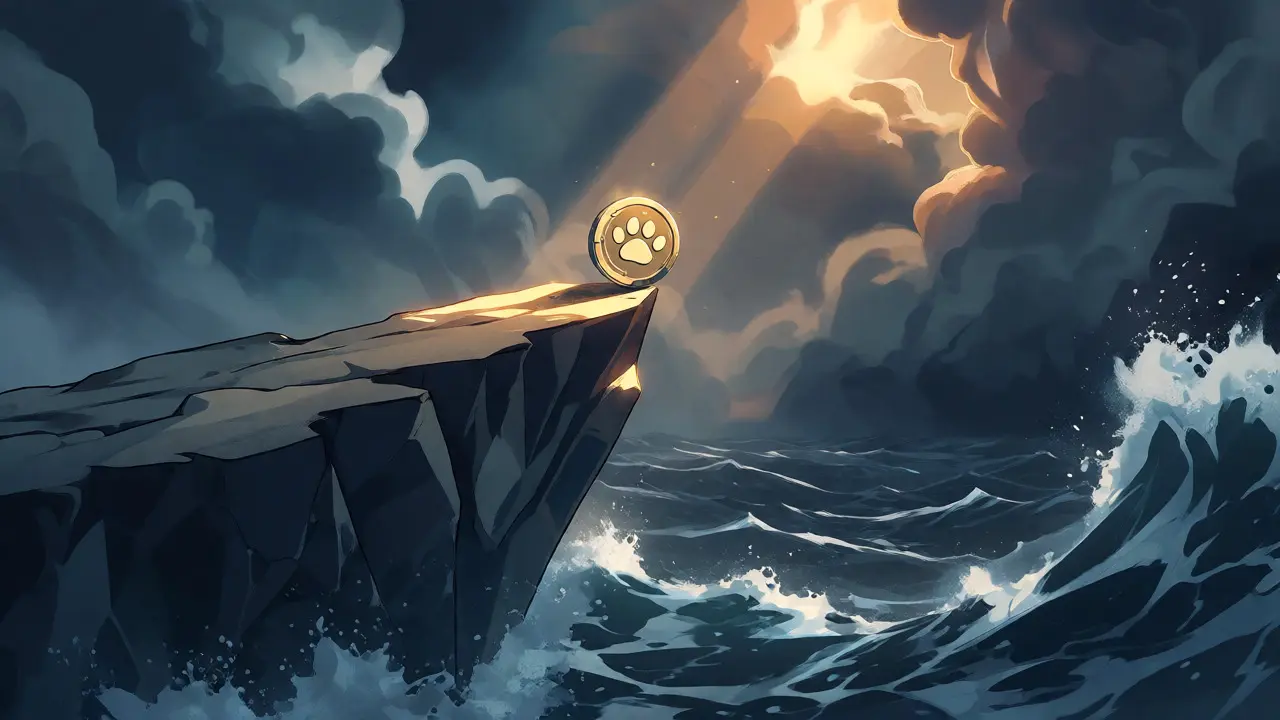 Une pièce de monnaie équilibrée au bord d'une falaise sous une tempête.