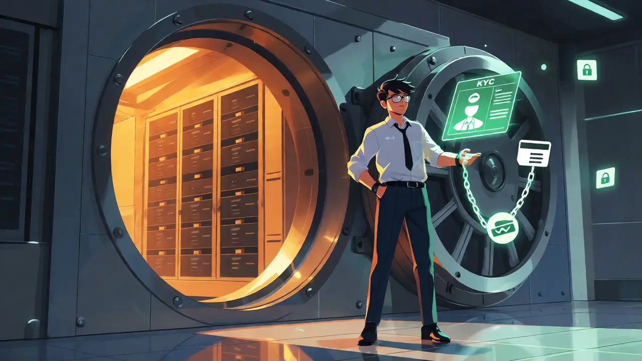 Vérification d'identité et lien bancaire obligatoire illustrés par des chaînes de lumière dans un coffre-fort technologique.