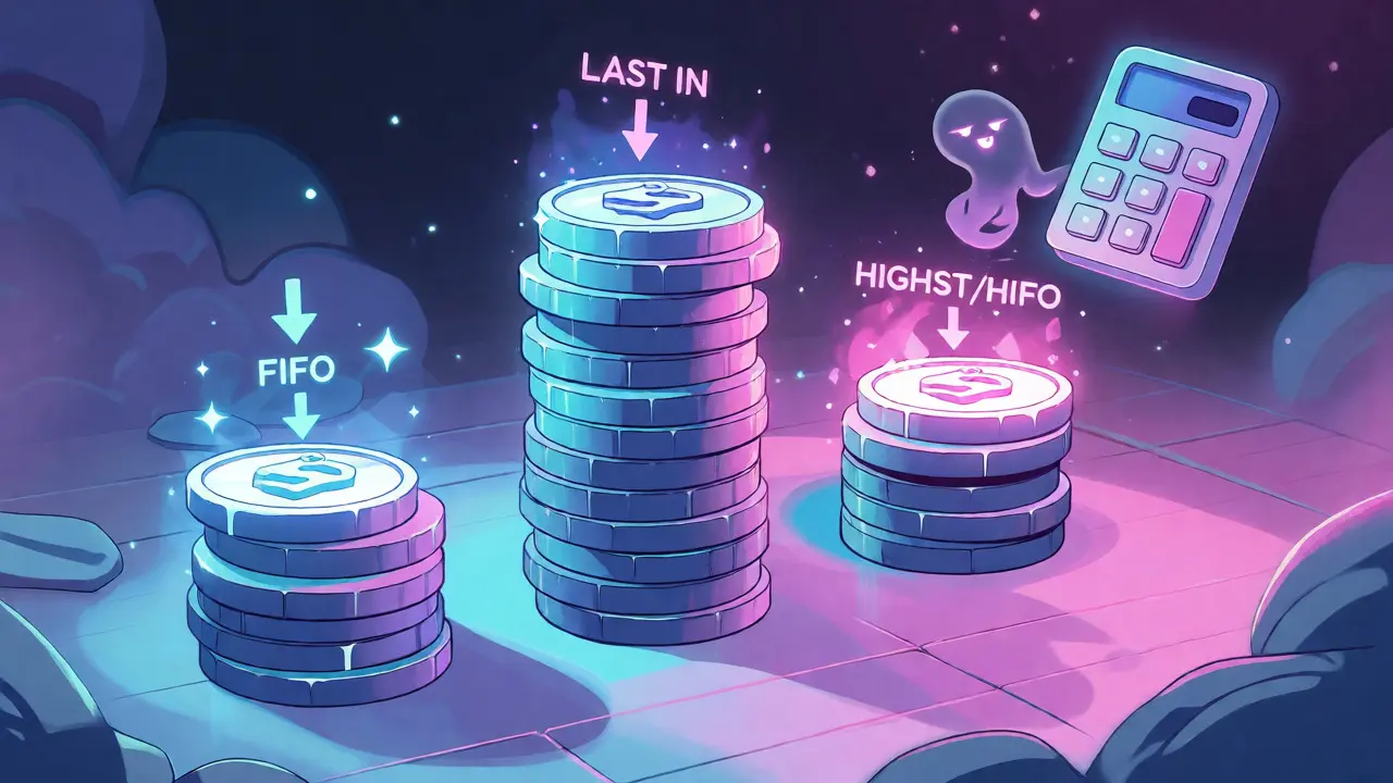 Visualisation animée des méthodes FIFO, LIFO et HIFO pour le calcul du coût de base crypto.