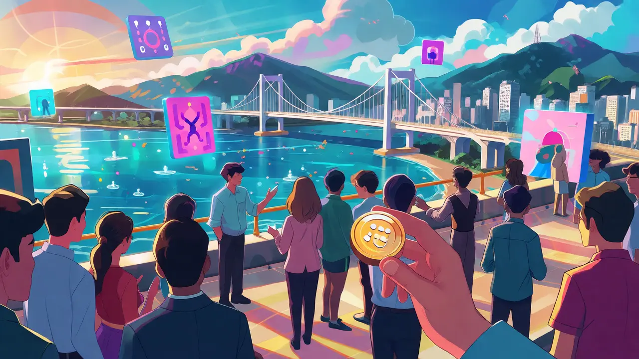 Vue dynamique du port de Busan avec des acteurs financiers interagissant avec des nœuds blockchain lumineux.