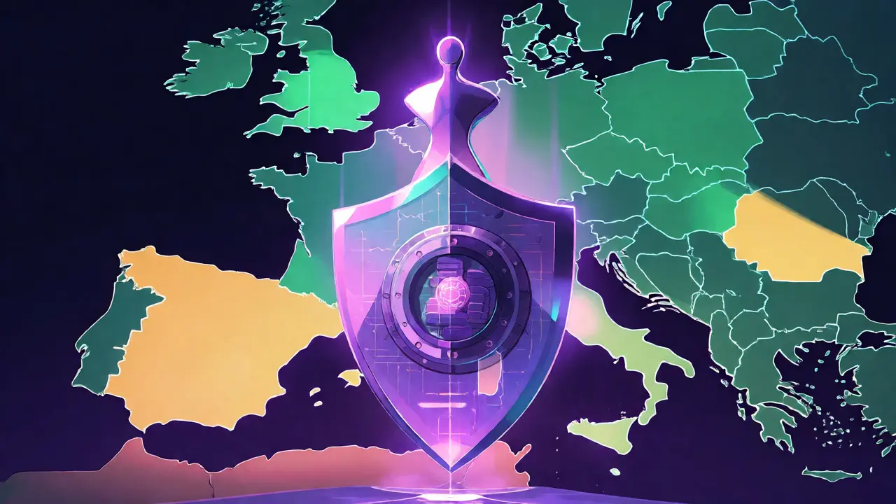 Art conceptuel animé représentant la sécurité et la conformité MiCA du token B2M en Europe.