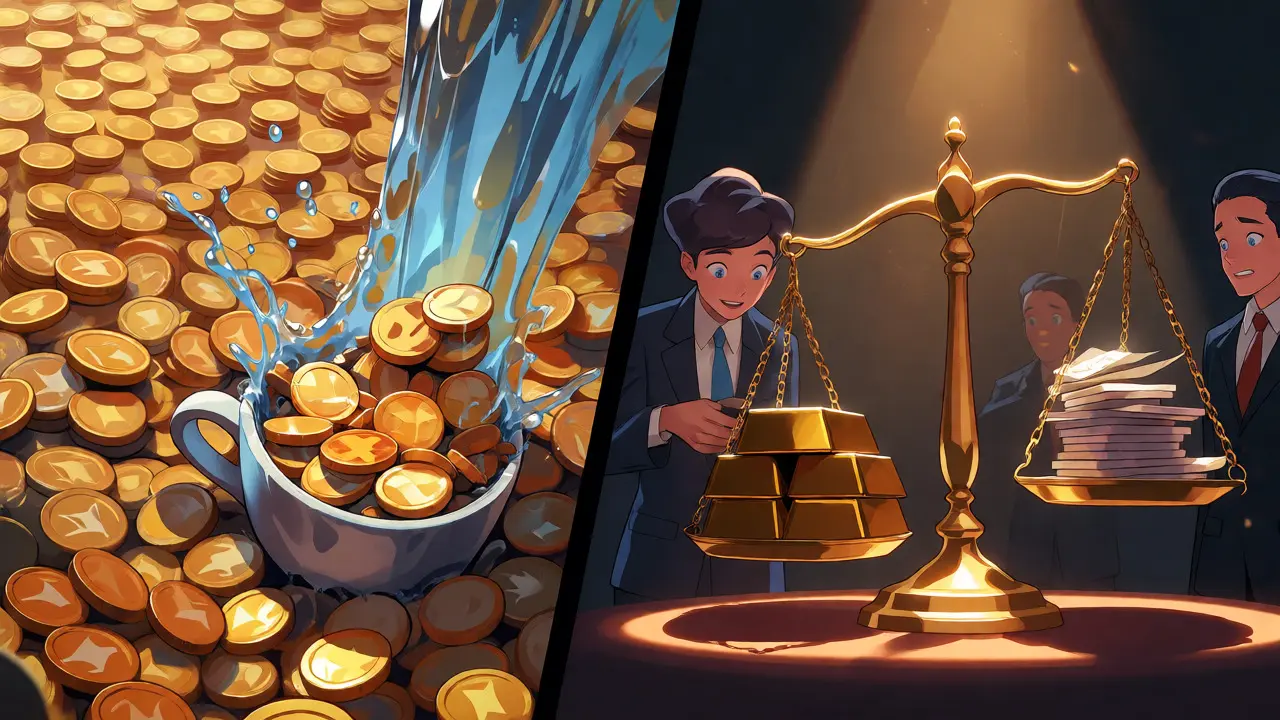 Comparaison visuelle entre une inflation galopante et une distribution équilibrée des jetons.