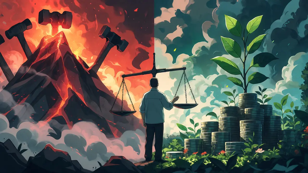Dualité visuelle entre feu minier et croissance verte en anime