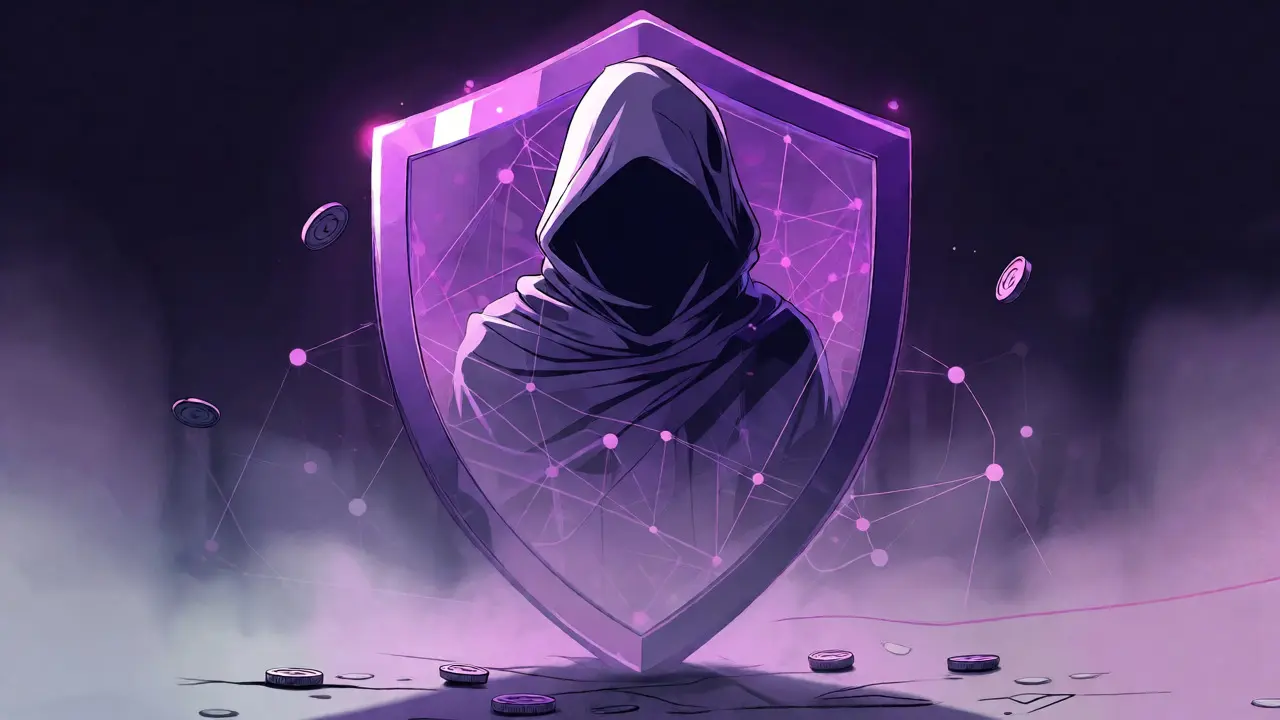 Figure mystérieuse sous un bouclier polygonal violet entourée de pièces isolées dans la brume.