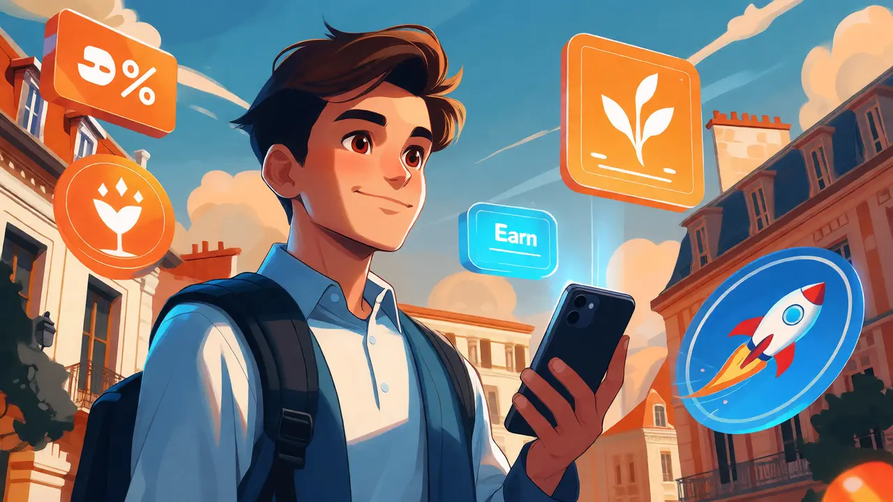 Personnage de dessin animé profitant des avantages du token B2M via une interface holographique.