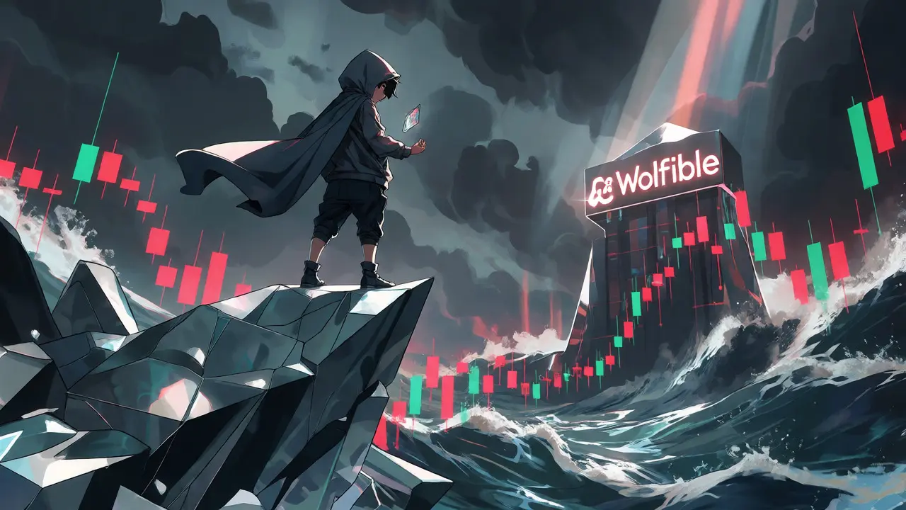 Personnage sur une falaise instable face à une mer de graphiques boursiers agités.