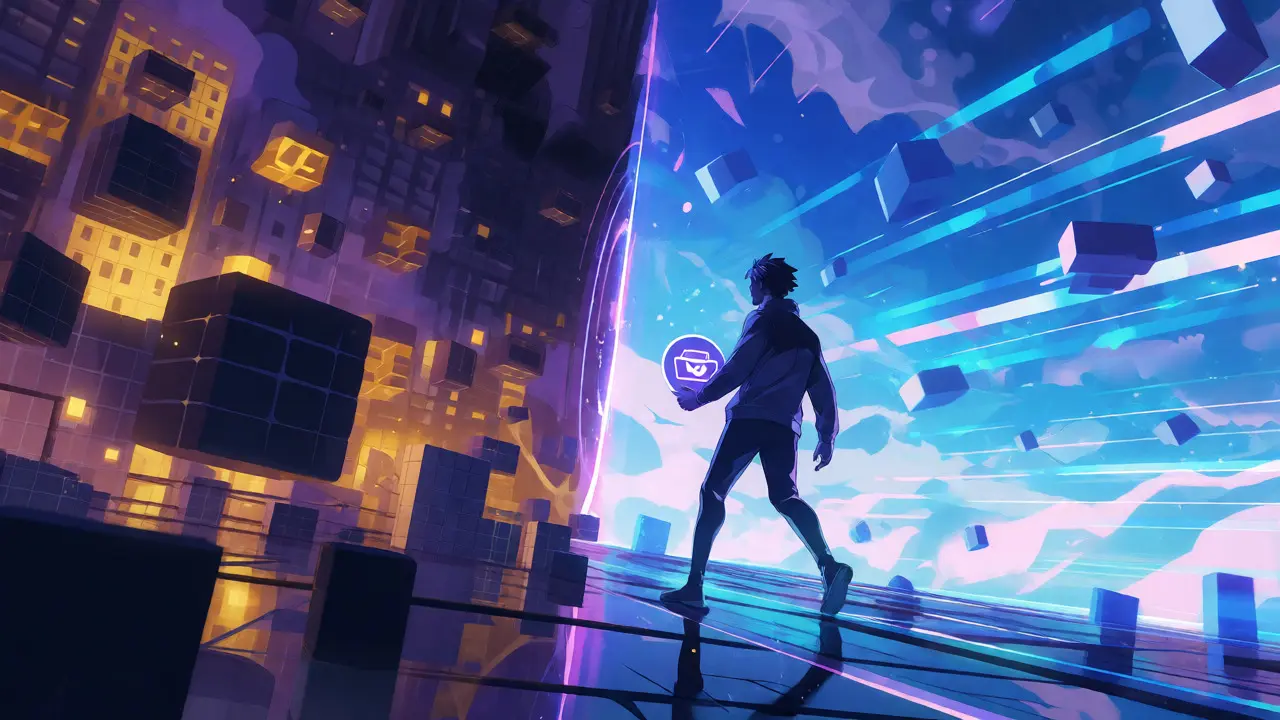 Personnage traversant un portail lumineux de la chaîne lourde vers le réseau rapide Polygon.