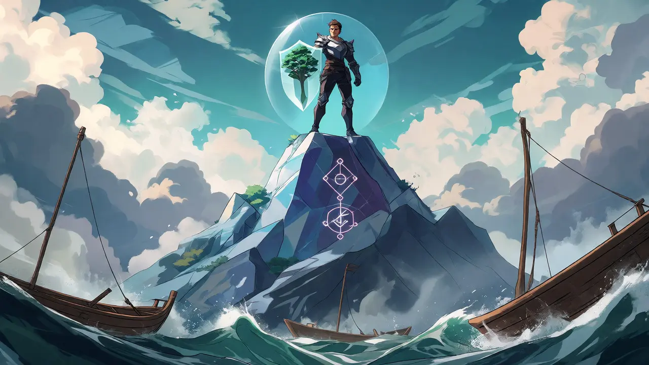 Protagoniste anime sur une montagne solide protégeant ses actifs d'une tempête en dessous.