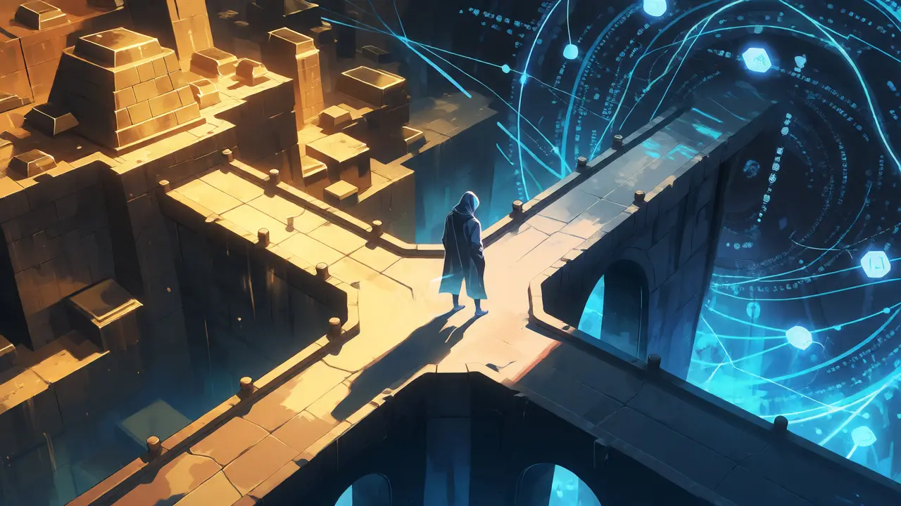 Scène animé montrant le pont incertain entre finance traditionnelle et blockchain.