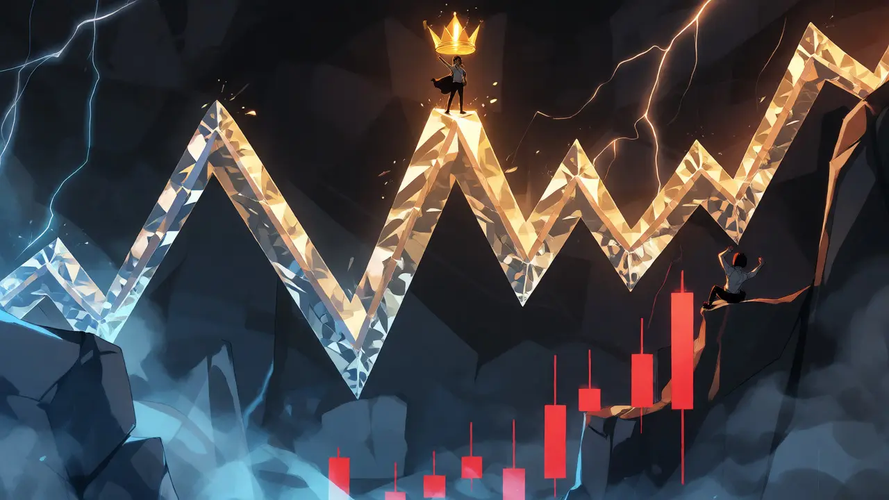 Scène dramatique de montagnes russes financières avec un graphique en cristal et des personnages en péril.